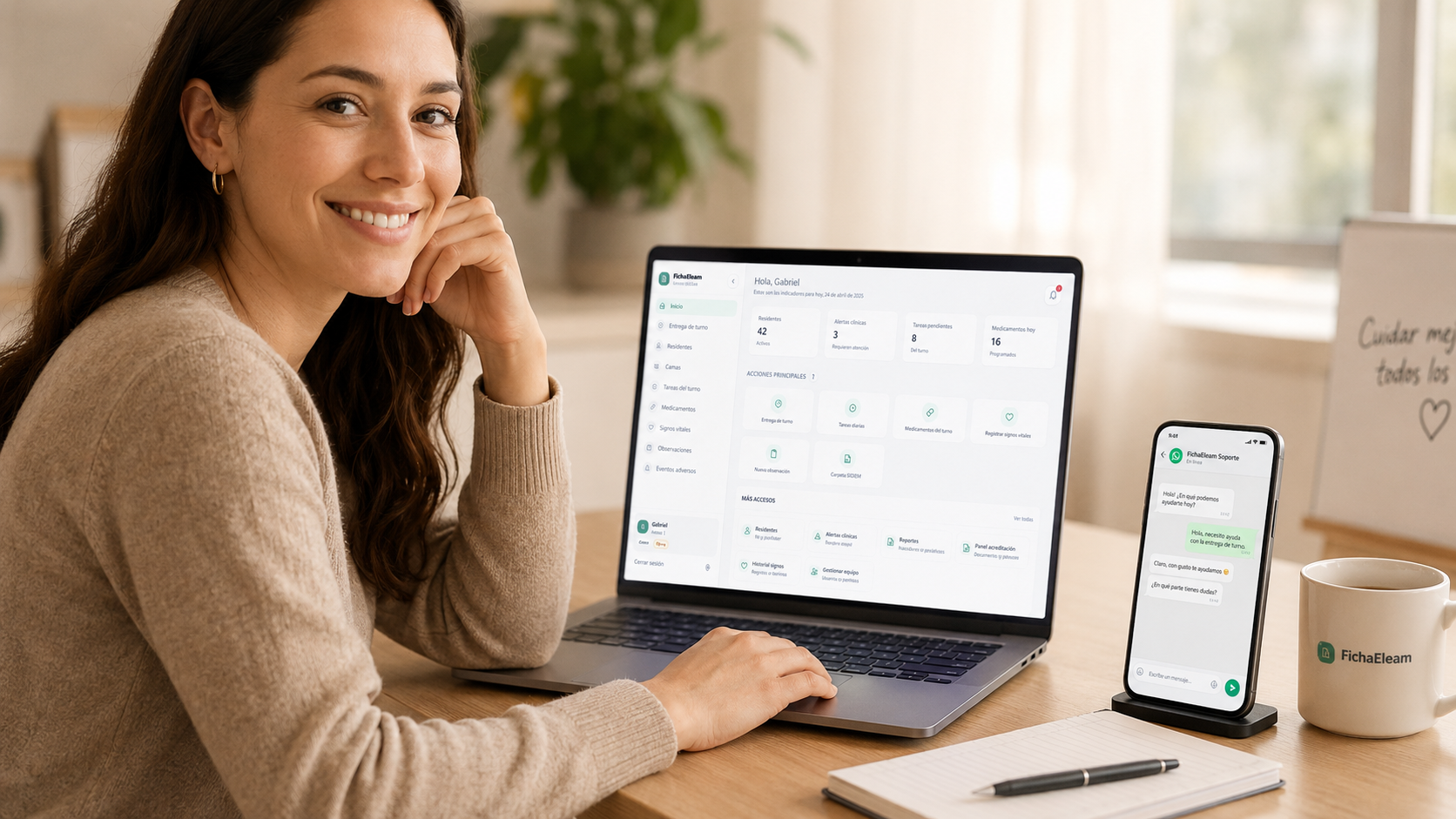 Directora de ELEAM usando FichaEleam con dashboard y soporte por WhatsApp