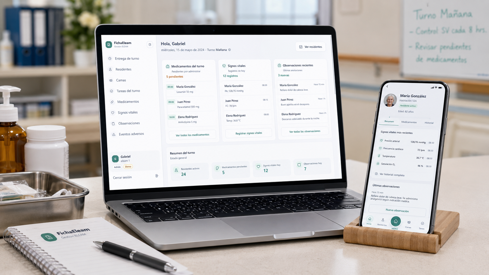 Dashboard clinico de FichaEleam con signos vitales y ficha de residente